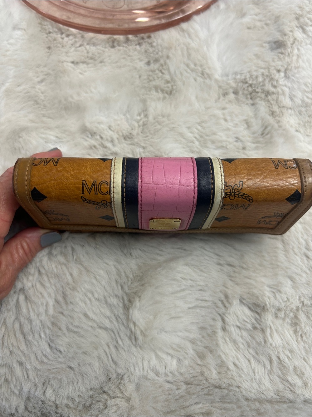 MCM pink, black, white stripes with brown monogrammed long trifold wallet - Picture 10 of 17